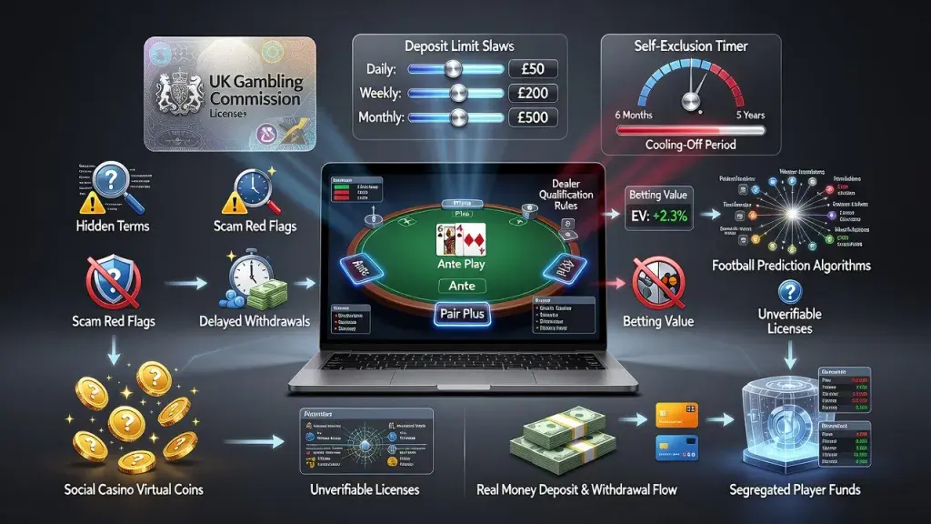 Online Gambling Explained: Three Card Poker, Casino Regulations, Deposit Limits, Self-Exclusion, Scam Red Flags, Betting Value and Football Prediction Algorithms