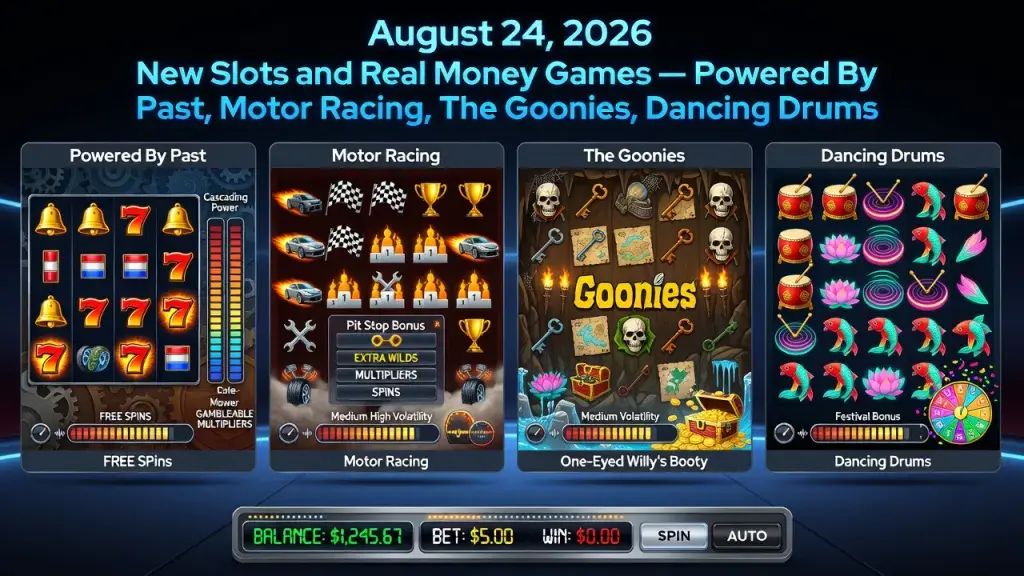 August 24 New Slots Roundup: Powered By Past, Motor Racing, The Goonies & Dancing Drums Explained